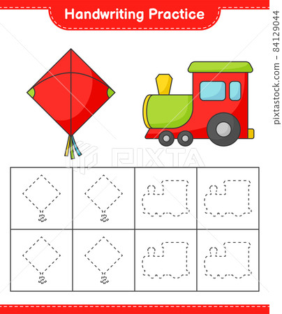 Handwriting practice. Tracing lines of Kite and Train. Educational children game, printable worksheet, vector illustration 84129044
