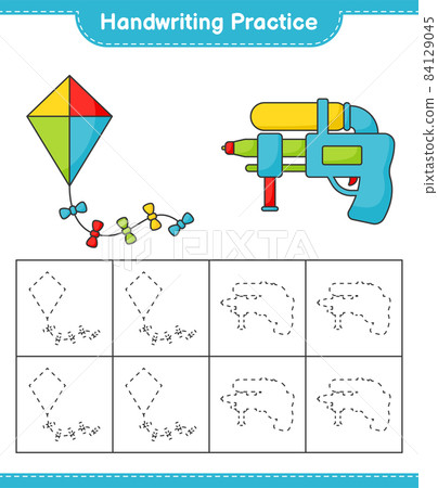 Handwriting practice. Tracing lines of Kite and Water Gun. Educational children game, printable worksheet, vector illustration 84129045