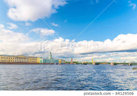 Cityscape of Saint Petersburg Leningrad city with Palace Bridge bascule bridge across Neva river 84129506