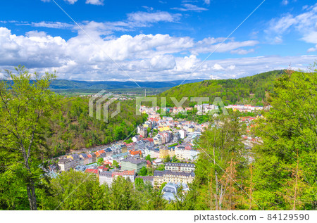 Karlovy Vary Carlsbad historical city centre top aerial view with colorful beautiful buildings 84129590