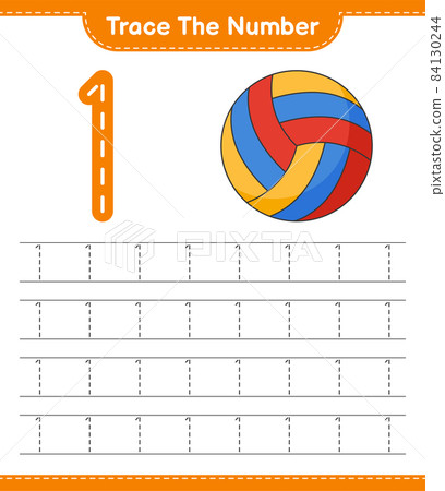 Trace the number. Tracing number with Volleyball. Educational children game, printable worksheet, vector illustration Trace the number. Tracing number with Volleyball. Educational children game, printable worksheet, vector illustration 84130244
