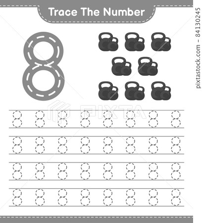 Trace the number. Tracing number with Dumbbell. Educational children game, printable worksheet, vector illustration Trace the number. Tracing number with Dumbbell. Educational children game, printable worksheet, vector illustration 84130245