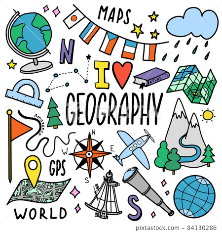 Geography and geology education subject handwriting doodle icon of earth exploration and map design sign and symbol in isolated background Geography and geology education subject handwriting doodle icon of earth exploration and map design sign and symbol in isolated background 84130286
