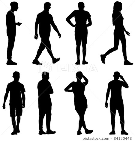 Silhouette Group of People Standing on White Background Silhouette Group of People Standing on White Background 84130448