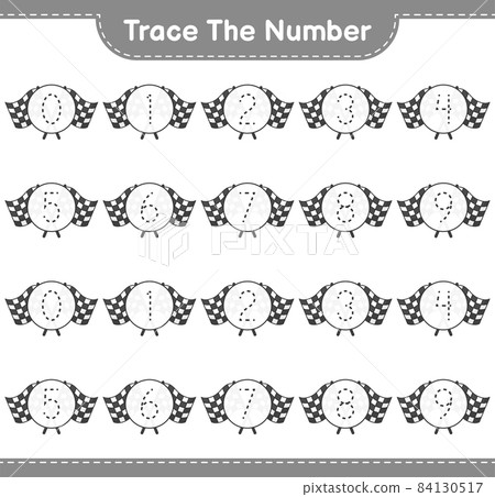Trace the number. Tracing number with Racing Flags. Educational children game, printable worksheet, vector illustration 84130517