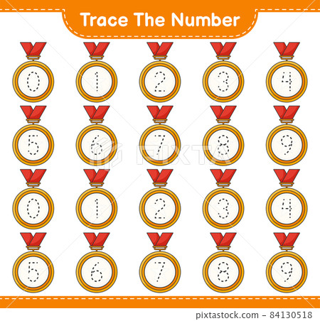 Trace the number. Tracing number with Trophy. Educational children game, printable worksheet, vector illustration 84130518
