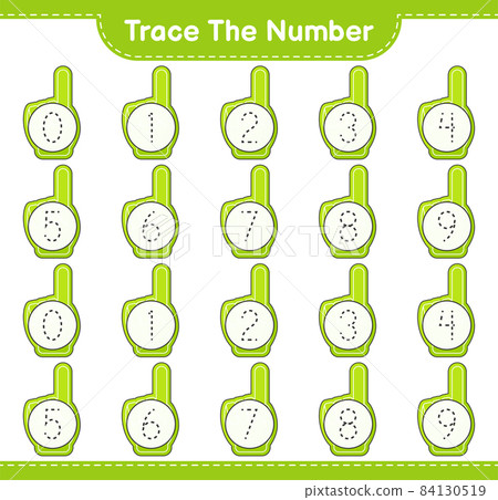 Trace the number. Tracing number with Foam Finger. Educational children game, printable worksheet, vector illustration 84130519