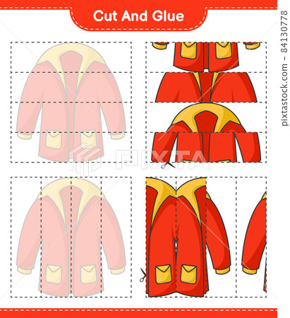 Cut and glue, cut parts of Warm Clothes and glue them. Educational children game, printable worksheet, vector illustration Cut and glue, cut parts of Warm Clothes and glue them. Educational children game, printable worksheet, vector illustration 84130778