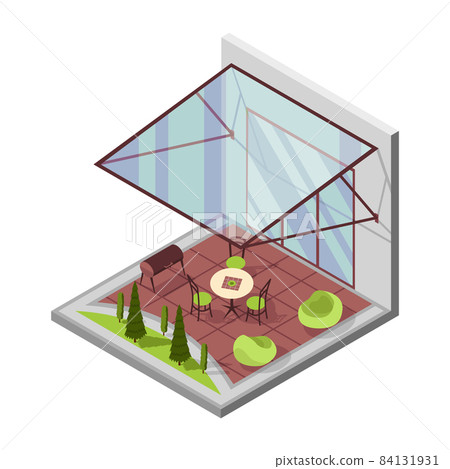 Inner courtyard isometric composition with patio. House with a private terrace and transparent glass cover. Covered veranda for table place. Modern architecture 84131931