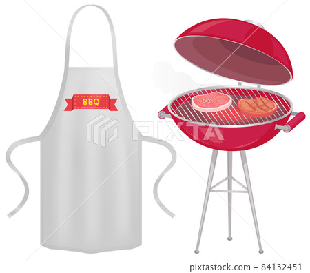 Apron with barbecue restaurant logo next to grill with meat. Protective garment for cooking BBQ 84132451