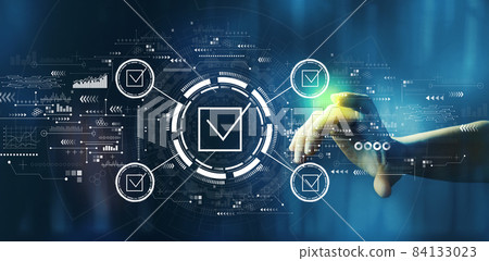 Checklist concept with hand pressing a technology screen Checklist concept with hand pressing a technology screen 84133023