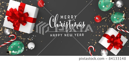 Christmas gift boxes with trees and baubles - 3D render Christmas gift boxes with trees and baubles - 3D render 84133148