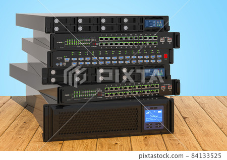 Server equipment on the wooden planks, 3D rendering 84133525
