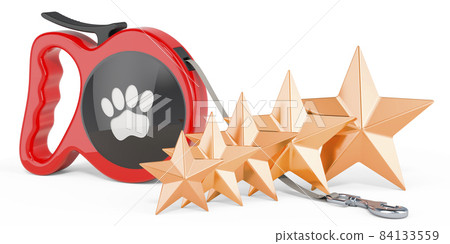 Automatic Retractable Traction Rope with five golden stars. Customer rating of pet walking leashes. 3D rendering Automatic Retractable Traction Rope with five golden stars. Customer rating of pet walking leashes. 3D rendering 84133559