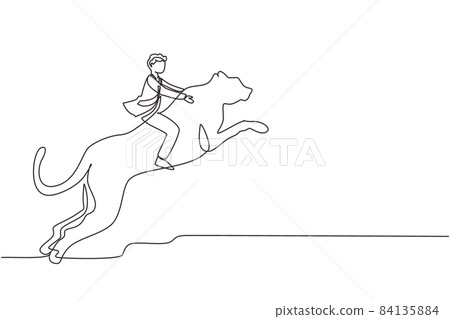 Single one line drawing businessman riding cheetah symbol of success. Business metaphor concept, looking at the goal, achievement, leadership. Continuous line draw design graphic vector illustration 84135884