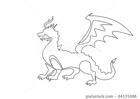 Single one line drawing strong fairytale dragon, magic lizard with wings and fire breathing serpent. Flying dragon medieval reptile. Modern continuous line draw design graphic vector illustration 84135896