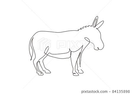 Single one line drawing donkey cute farm animal. Friendly tame animals mascot for livestock. Helping farmers bring agricultural produce. Modern continuous line draw design graphic vector illustration 84135898