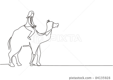 Continuous one line drawing Arabian businesswoman riding camel. Investment, bullish stock market trading, rising bonds trend. Successful business woman trader. Single line draw design vector graphic Continuous one line drawing Arabian businesswoman riding camel. Investment, bullish stock market trading, rising bonds trend. Successful business woman trader. Single line draw design vector graphic 84135928