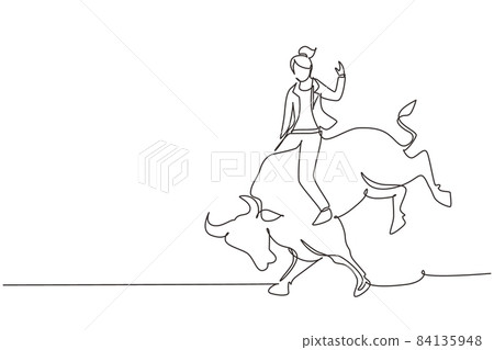 Single one line drawing businesswoman riding rodeo bull. Investment, bullish stock market trading, rising bonds trend. Successful business woman. Continuous line design graphic vector illustration Single one line drawing businesswoman riding rodeo bull. Investment, bullish stock market trading, rising bonds trend. Successful business woman. Continuous line design graphic vector illustration 84135948