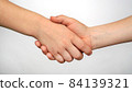 Children's handshake. Friendship concept.Friendly handshake, friends greeting, teamwork. 84139321