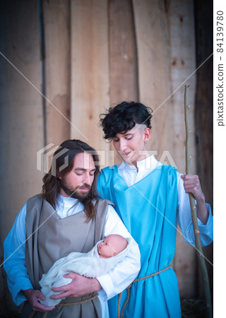 Two men representing virgin mary and joseph. Nativity 84139780