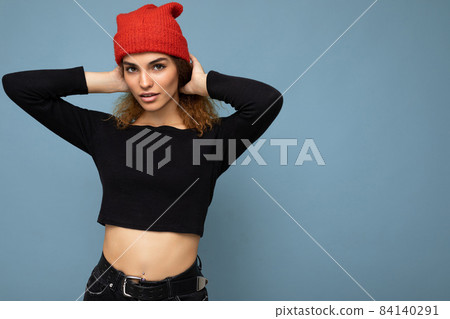 Photo of young positive cute nice brunette woman curly with sincere emotions wearing stylish black 84140291