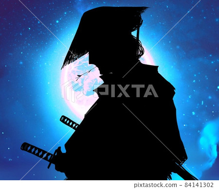 The flame of the burning heart and the full moon background that shines suspiciously with the Kabuki actor who plays the role of Edo Samurai wearing a cap The flame of the burning heart and the full moon background that shines suspiciously with the Kabuki actor who plays the role of Edo Samurai wearing a cap 84141302