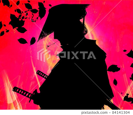 The flame of the burning heart and the full moon background that shines suspiciously with the Kabuki actor who plays the role of Edo Samurai wearing a cap The flame of the burning heart and the full moon background that shines suspiciously with the Kabuki actor who plays the role of Edo Samurai wearing a cap 84141304