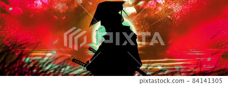 燃燒的心的火焰和帶著帽子的歌舞伎演員懷疑地閃耀的滿月背景 84141305