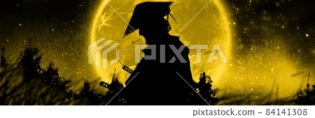 The flame of the burning heart and the full moon background that shines suspiciously with the Kabuki actor who plays the role of Edo Samurai wearing a cap The flame of the burning heart and the full moon background that shines suspiciously with the Kabuki actor who plays the role of Edo Samurai wearing a cap 84141308