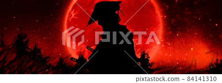 燃燒的心的火焰和帶著帽子的歌舞伎演員懷疑地閃耀的滿月背景 燃燒的心的火焰和帶著帽子的歌舞伎演員懷疑地閃耀的滿月背景 84141310