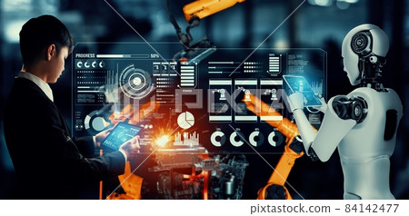 Mechanized industry robot and human worker working together in future factory 84142477