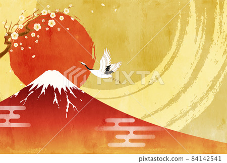 Congratulations on Mt. Fuji, first sunrise and crane 2022 New Year's card vector illustration 84142541