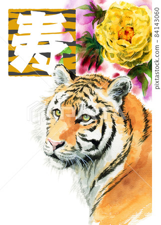 新年素材模擬水彩虎臉冬花黃牡丹 新年素材模擬水彩虎臉冬花黃牡丹 84143060