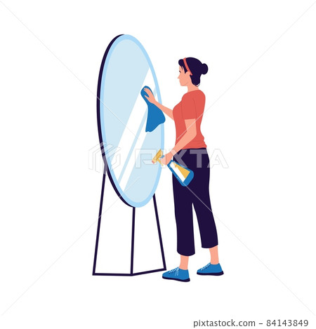 Woman wipes mirror. Maid cleans glass reflective surface with spray detergent. Housekeeping activity. Female washes furniture. Cleaner service worker. Routine housework. Vector cleanup Woman wipes mirror. Maid cleans glass reflective surface with spray detergent. Housekeeping activity. Female washes furniture. Cleaner service worker. Routine housework. Vector cleanup 84143849