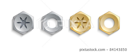 Stainless steel bolt heads. Realistic metal screws with nuts. 3D hardware templates. Construction fastening. Repair or building tools. Metallic rivets. Vector mechanical fasteners set 84143850