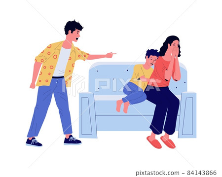 Father yelling at mother with child. Family conflict. Crying woman and boy sit on sofa. Screaming man. Domestic violence. Husband abusive speaks to wife and son. Vector parents quarrelling 84143866