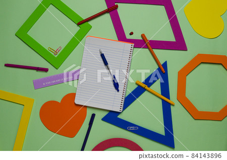 Beautiful bright layout of school subjects top view Beautiful bright layout of school subjects top view 84143896