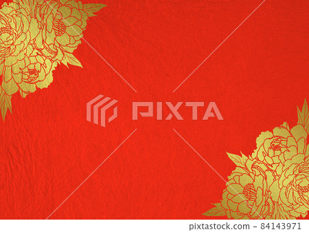 Gold leaf peony frame background on vermilion ground 84143971