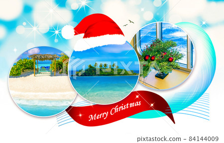 tropical beach wooden signboard with Christmas hat tropical beach wooden signboard with Christmas hat 84144009