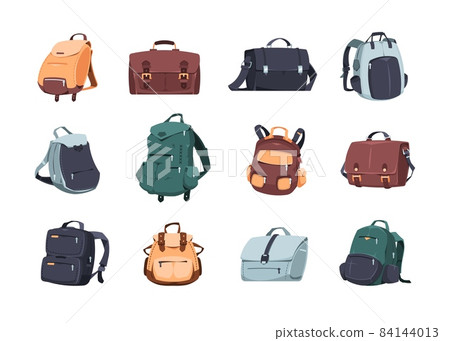 Cartoon backpack. School bags, camera bag and rucksack for laptop, travel and camping leisure backpack, journey textile and leather luggage. Trip baggage isolated objects, vector set 84144013