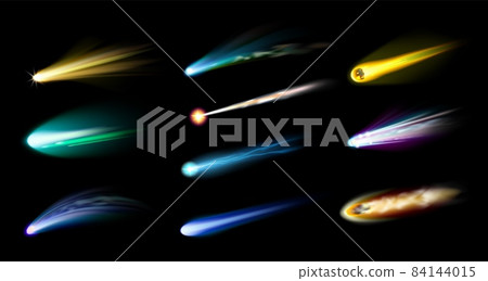 Realistic shooting star. 3D falling meteor trails. Comets flares. Fireball light. Meteorite burning atmosphere. Asteroid trace templates. Galactic elements. Vector cosmos twinkles set 84144015
