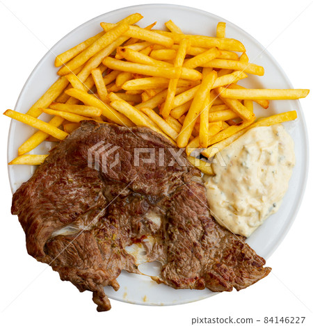 Roquefort veal steak served with fried potato Roquefort veal steak served with fried potato 84146227