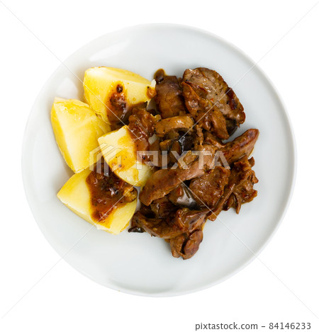 Fried rabbit liver served with boiled potato Fried rabbit liver served with boiled potato 84146233