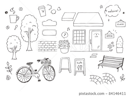 Hand-drawn illustration set related to cafe (monochrome) 84146411