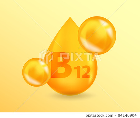 Vitamin B12 Cyanocobalamin. Realistic Vitamin drop B12 Cyanocobalamin design. 3D Vitamin complex illustration concept. 84146904