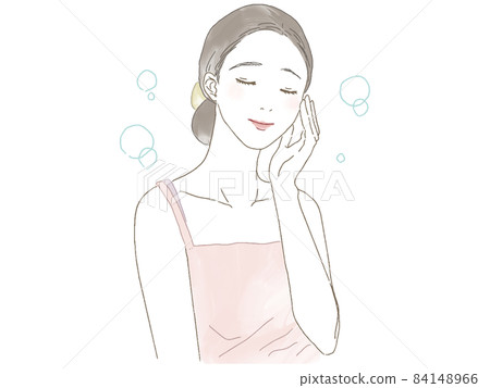 一個女人閉上眼睛用一隻手撫摸她的臉頰 84148966