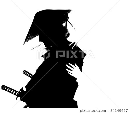 一個擁抱悲傷的年輕武士和一個悲傷的江戶小鎮女孩的剪影 84149437