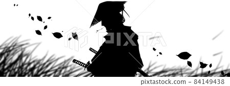 一個悲傷的年輕武士咬著草，戴著帽子的悲傷的黑白剪影，以及一張吹著枯樹的背景圖片。 84149438