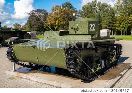 Russia. Leningrad region. September 10, 2021. The legendary Soviet small floating tank T-38 near the museum-panorama of the Breakthrough of the siege of Leningrad. 84149757
